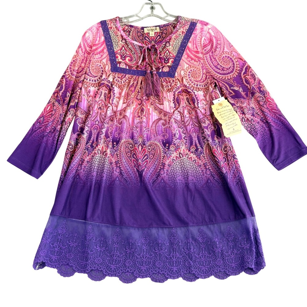 One World S Paisley Tassel Tie Neck Dress Purple Pink Ombre Lace Trim‎ Boho NWT